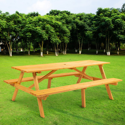 Table de pique-nique en bois brun pour 8 personnes, avec 2 sièges et bancs intégrés, créant une table mémorable pour le camping en plein air pour 8 personnes, bancs inoubliables en famille