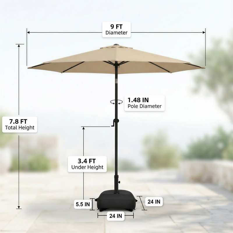 Parasol de marché 9 pi avec base et bouton poussoir inclinable 9 pi, Beige