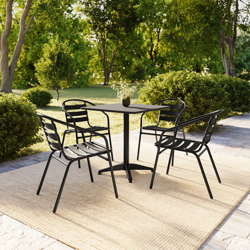 Amadea Square Aluminum Dining Table and 4 Slat Back Chairs Set, Black, 27.5" H x 27.5" W x 27.5" D