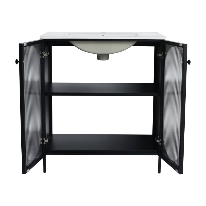 Meuble-lavabo autoportant de 30 po avec lavabo en céramique, Noir