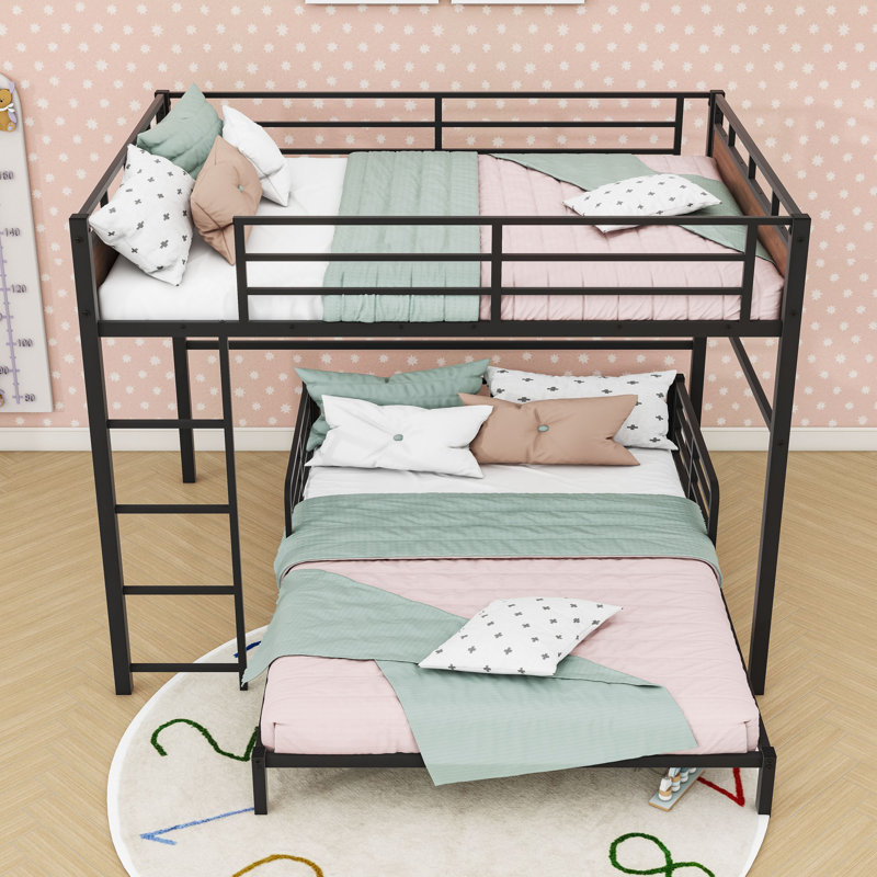 Metal Bunk Bed With Raised Security Fence, Walnut, Full Over Full