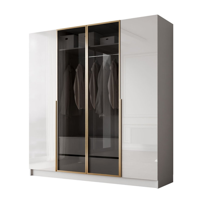 4 Door Glass Wardrobe, white/ white gloss, Gold chrome handles, without LED
