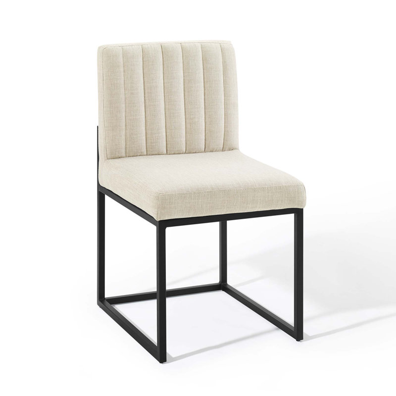 Carriage Tufted Sled Base Upholstered Fabric Dining Chair, Black, 2, Beige