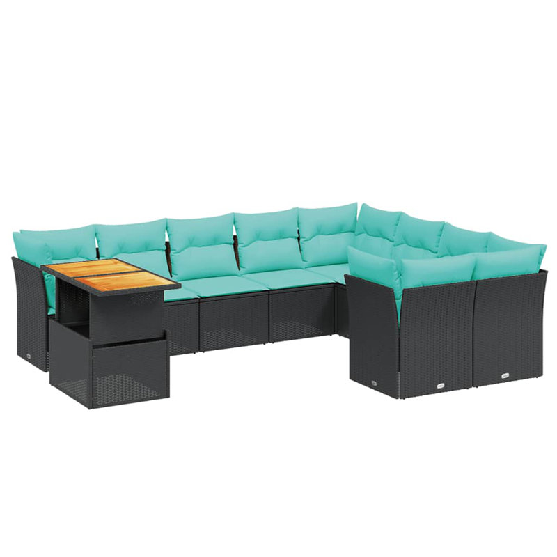 Ensemble de canapé de patio 10 pièces avec coussins en rotin de polyester, Bleu clair, Noir
