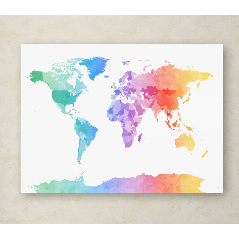 « aquarelle map of the world » par michael tompsett, impression sur toile tendue, H 18 po x l 24 po x P 2 po