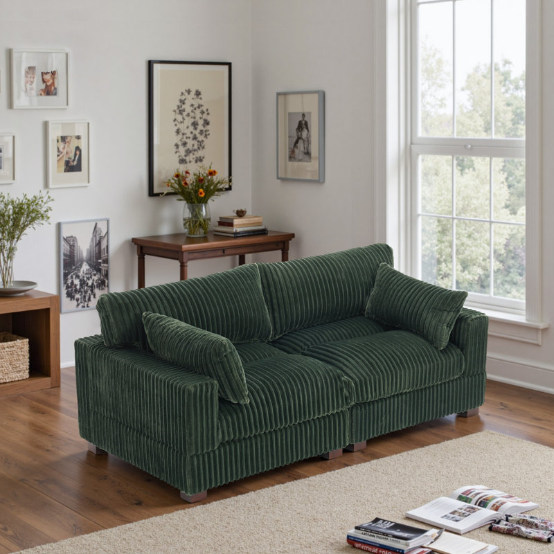 2 - Piece Upholstered Green Faux Rabbit Fur Flannel Reversible Modular Sofa Living Room Sectional Couch, Green