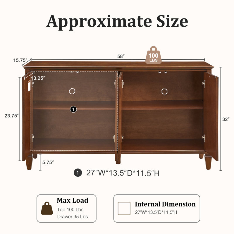 Grand buffet/meuble de rangement de style milieu du siècle avec structure en hévéa, quatre portes sculptées à motifs géométriques et étagères intérieures réglables. Parfait pour la salle à manger, le salon ou l'entrée.