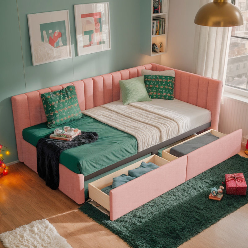Upholstered Daybed With 2 Storage Drawers, Twin Size Sofa Bed Frame For Bedroom Living Room, Wood Slat Support, No Spring Box Need, Pink