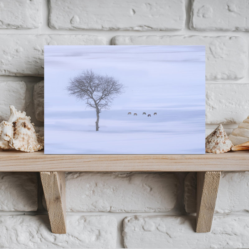 " Winter Deer And Bare Tree Ethereal Minimalist Peaceful Deer Horse Landscape Nature Wall Art Print " Print