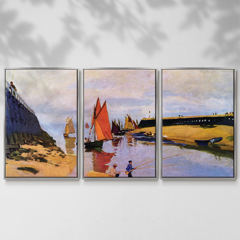 Port de Trouville par Monet, reproduction sur toile 3 pièces, H 40 po x l 78 po x P 2 po, Argent