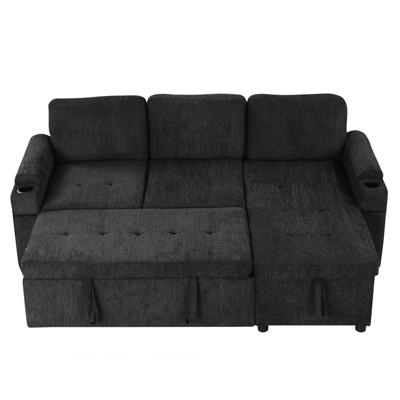 83.5" L-Shaped With Side Pockets, Cup Holders, Ports & Soft Fabric, Black Design Reversible Chaise Lounge, Storage Compartment, Holders Ports,