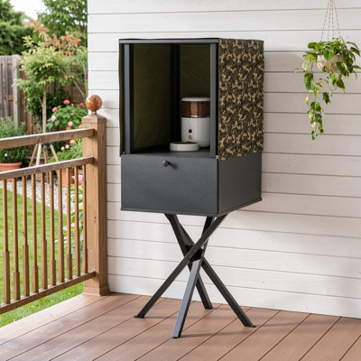 Outdoor Cat Feeding Station with Weatherproof Camouflage Cover, Elevated Crossed-Leg Base, and Feral Cat Shelter, Dog-Proof Feeder House with Elevated Base for Strays, Raccoon-Proof Cat Feeding Station