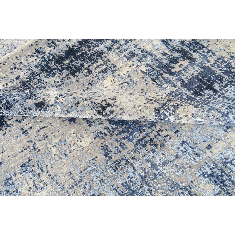 Tapis en viscose / laine noué à la main argent / bleu, Rectangle 8 pi x 10 pi