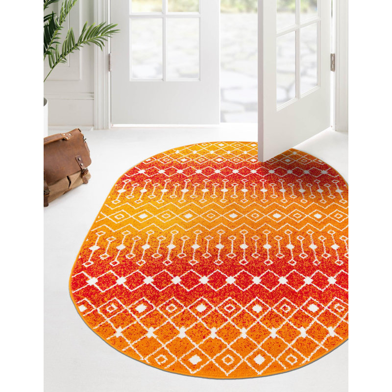 Tapis orange / rouge en polypropylène tissé à la machine Briehn, Ovale 7 pi 10 po x 10 pi