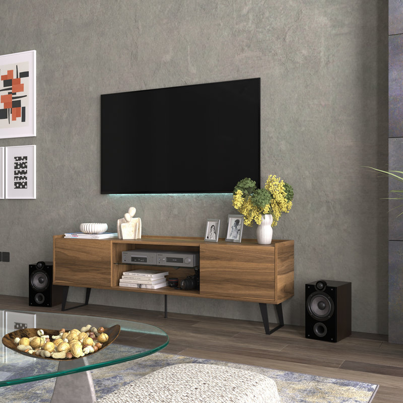 Mohseena Mid Century Modern Tv Stand For Up To 80" Tvs With Storage Cabinets And Open Shelf, Brown