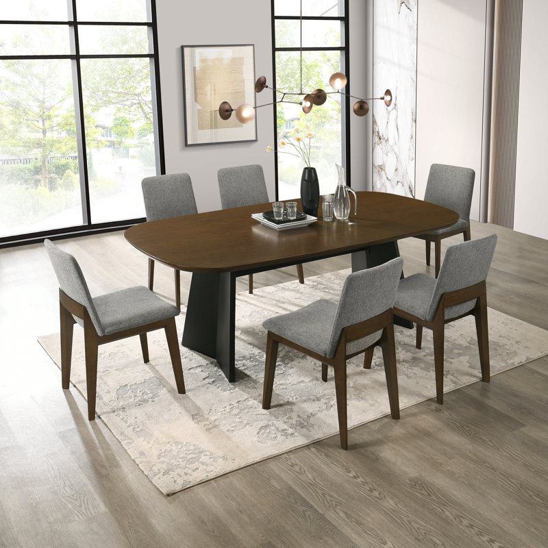 7-Piece Dining Table Set, Seats 6, 82.7" Oak & Black Metal X-Leg Table & 6 Charcoal Tall-Back Dining Chairs