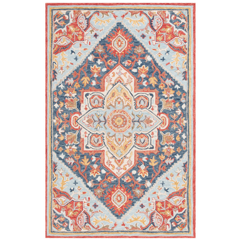Sharl Hand Tufted Wool/Cotton Oriental Rug in Navy/Red, Rectangle 8' x 10'