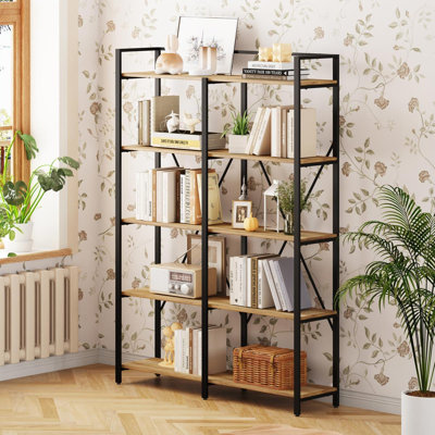 5 Tier Heavy Duty Etagere Shelving Unit, Farmhouse Rustic Wood Metal Book Shelves for Office.Vintage Oak by 17 Stories