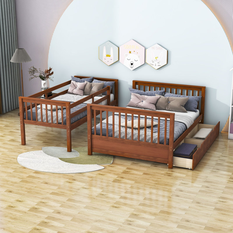 Twin Over Full Wooden Bunk Bed With 2 Drawers, Walnut