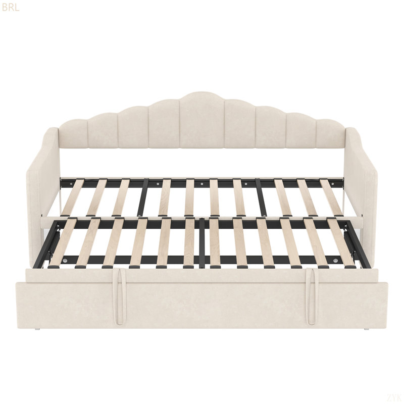 Upholstered  Daybed With Adjustable Height Pop Up Trundle Twin Bed And USB & Type-C Charging Port, Day Bed Frame With 2 Side Pockets, No Box-Spring Needed