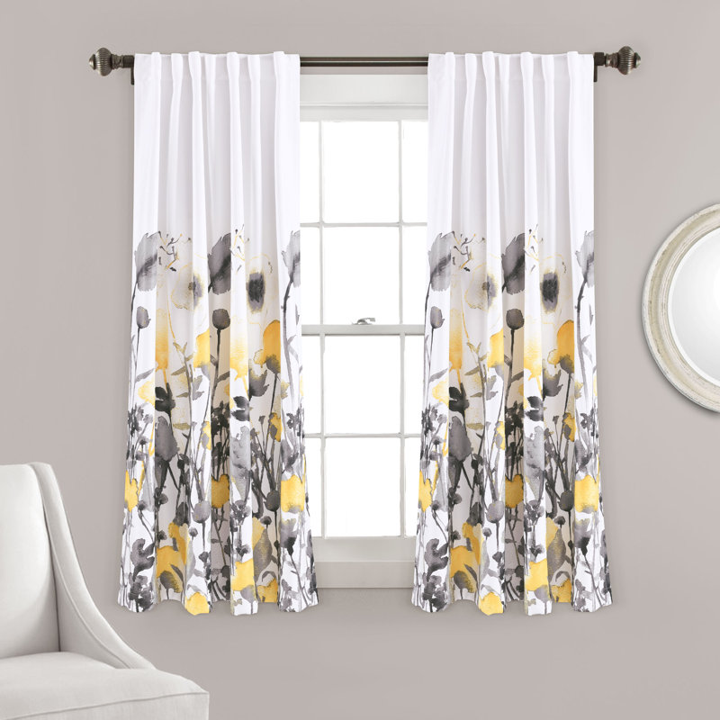 Yellow and Gray Floral Polyester Blackout Curtain Panels, 52" x 63"