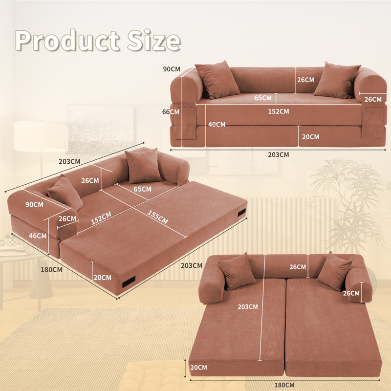Boneless Convertible Sleeper Sofa Bed with Cylindrical Pillow, Corduroy Folding Mattress Couch, Floor Sofa Sofa-in-a-Box, No Installation & Easy to Transport, Deep Seat