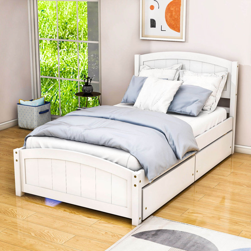 Lit plateforme simple avec deux tiroirs et tête de lit Doray, Blanc
