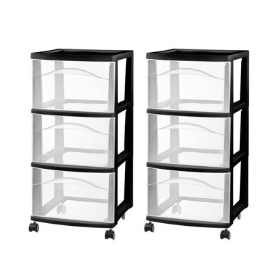 Chariot de rangement 3 tiroirs Sterilite, organisateur moyen en plastique, noir, paquet de 4