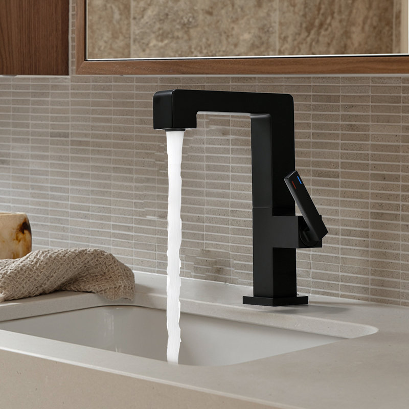 Robinet de lavabo de salle de bain monocorps à poignée simple avec ensemble de drain optionnel, Noir mat, Avec drain