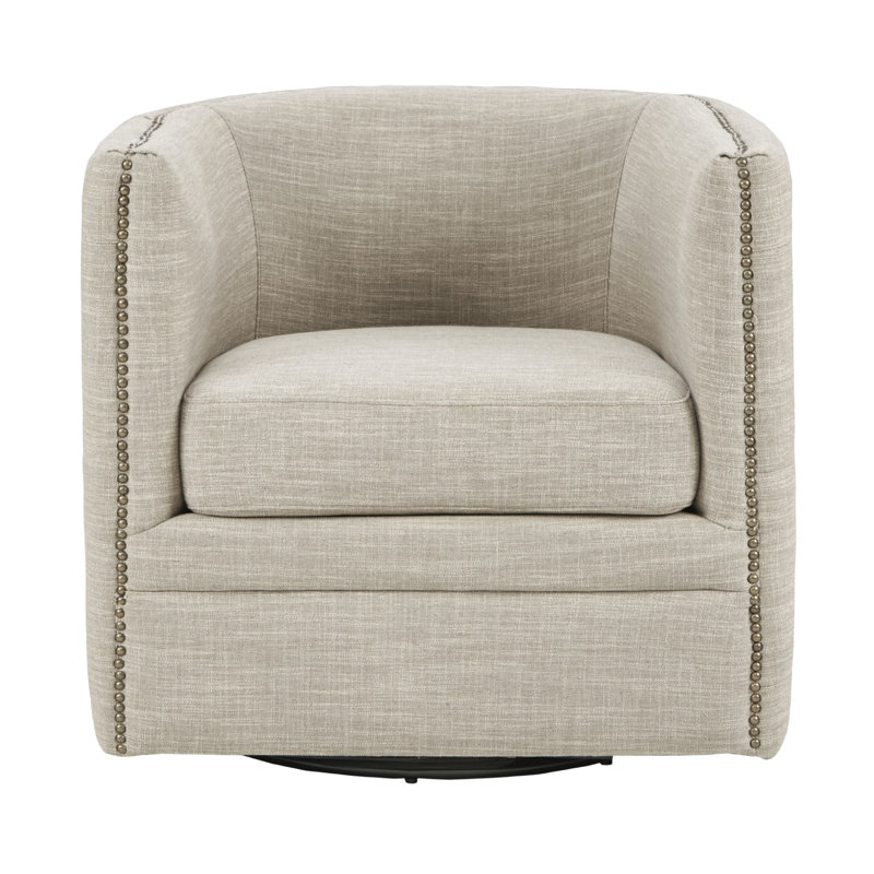 Arazia 360-Degree Swivel Barrel Chair with Tufting and Nail Heads, Lavaca Taupe Multi Polyester Blend