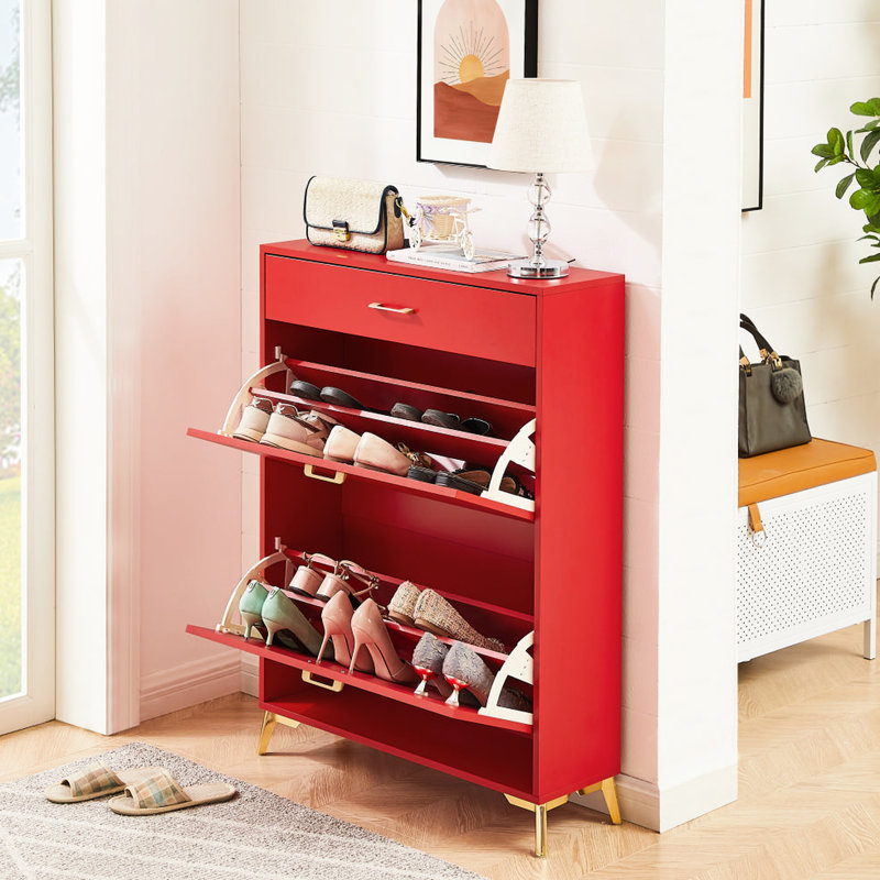 Armoire porte-chaussures pour hall d'entrée - rouge, 2 tiroirs rabattables, peu encombrants, support rouge avec, Rouge