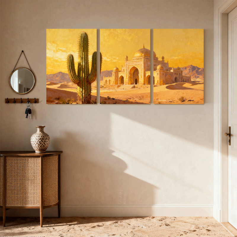 «Cactus Desert Cactus Mosque Sunset Reflection Landscape», ensemble de 3 reproductions d'art sur toile, H 24 po x l 48 po