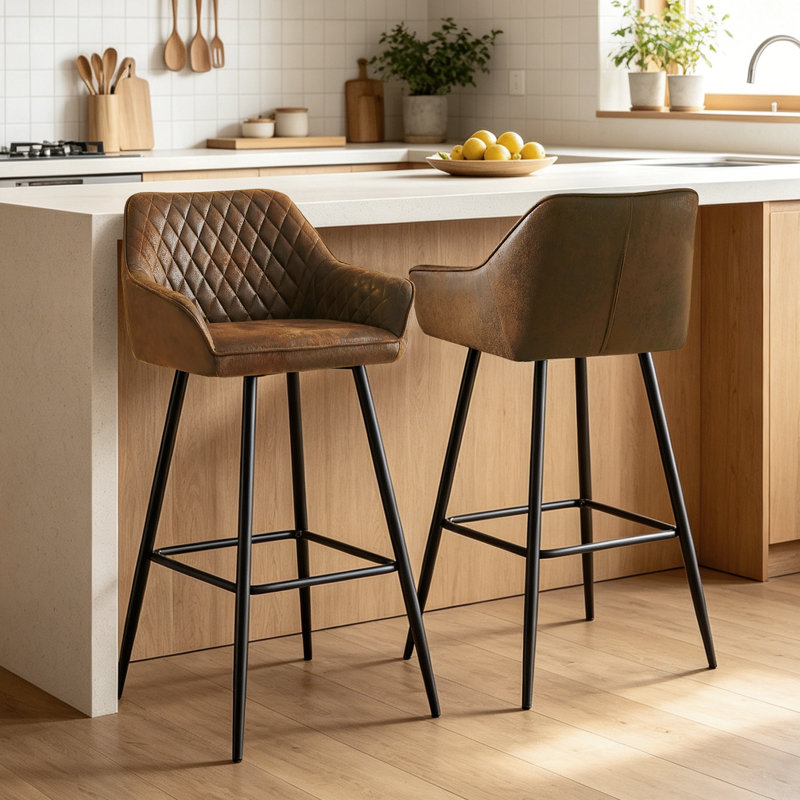 Velvet/Suede Upholstered Bar Stools with Armrests & Diamond Tufting, Suede Brown