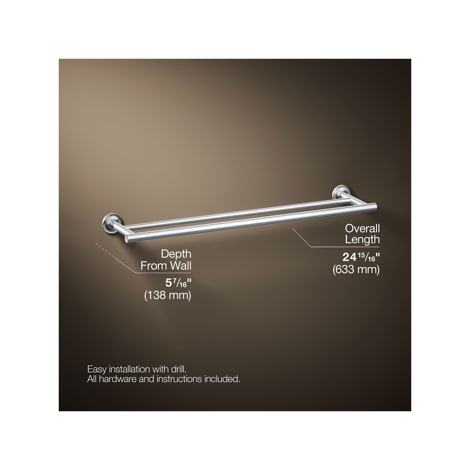 Purist Double 24" Wall Mounted Towel Bar, Polished Chrome