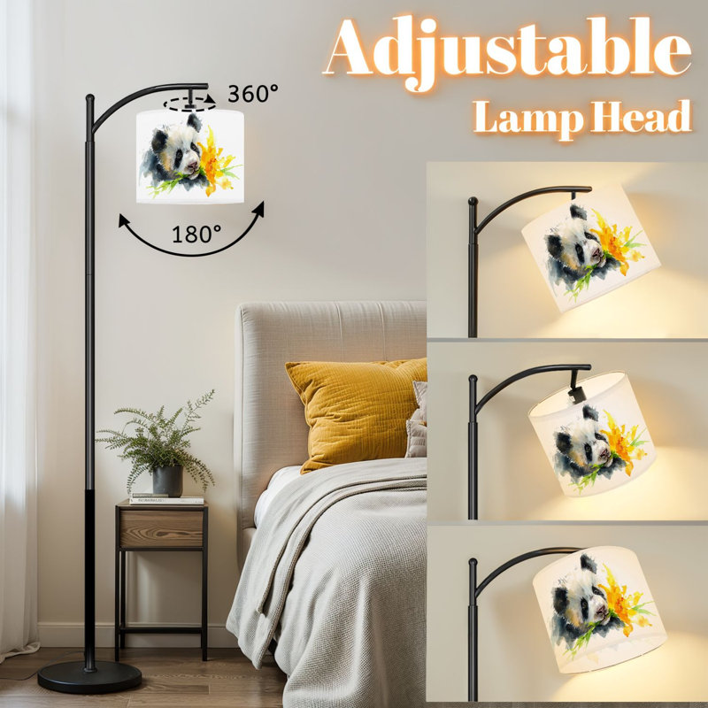 Lampe sur pied à arc avec abat-jour réglable Mignon bébé panda jouant une fleur de style chinois, lampe sur pied 3 températures de couleur à intensité variable, grand mât avec interrupteur au pied pour la chambre à coucher
