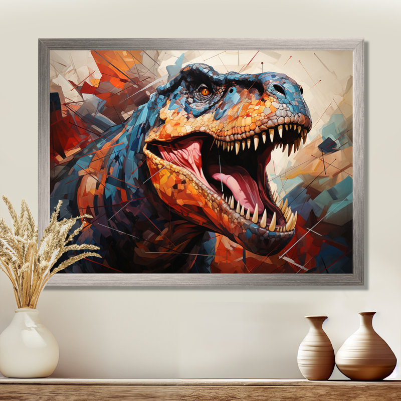 Dinosaure préhistorique héritage géométrique II - dinosaure, art mural, H 12 po x l 20 po x P 1 po, Cadre photo blanc