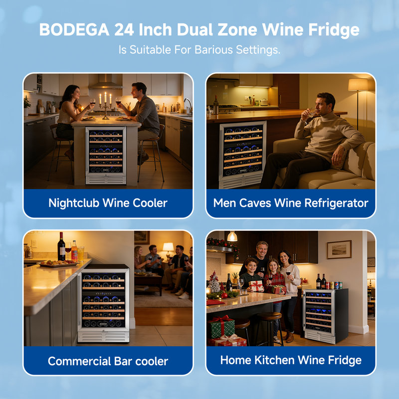 24" Dual Zone Wine Refrigerator, 46-Bottle Built-In or Freestanding Wine Cooler with Glass Door, Quiet Compressor, Digital Temperature Control & Memory Function