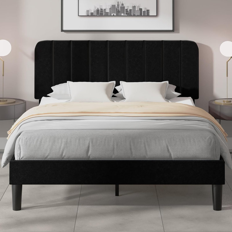 Base de lit pleine grandeur avec tête de lit réglable Haywards, lits plateforme robustes en velours avec support en lattes de bois massif, aucun sommier requis, noir