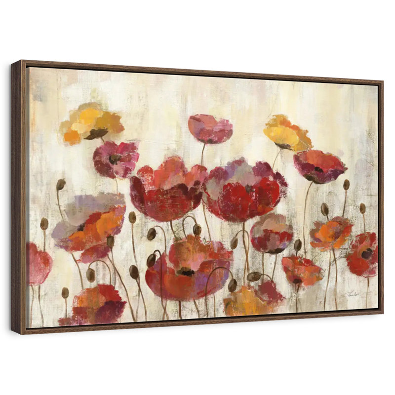 Coquelicots sous la pluie, 46 po x 31 po, Cadre flottant noyer