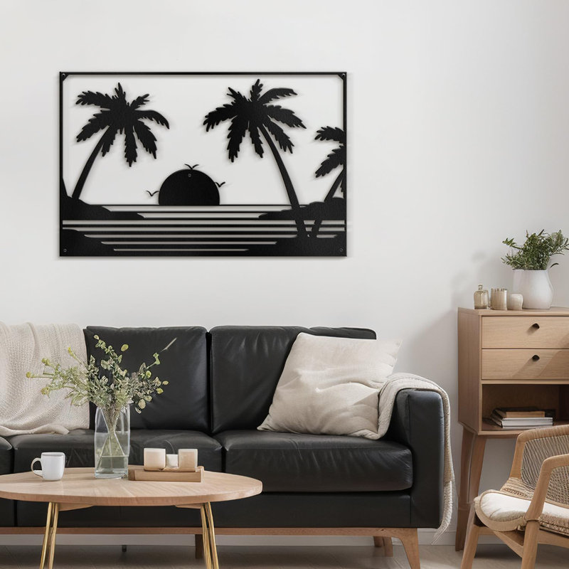 Palmiers et coucher de soleil, décoration murale abstraite moderne, décoration suspendue, décoration murale en métal, Noir