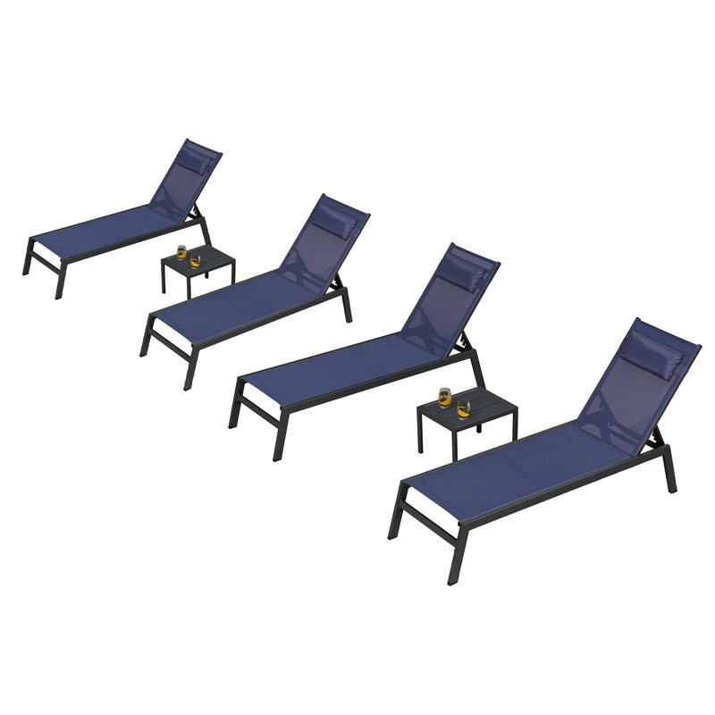 Chaise longue d'extérieur en aluminium avec table d'appoint et coussin pour la piscine extérieure, Bleu