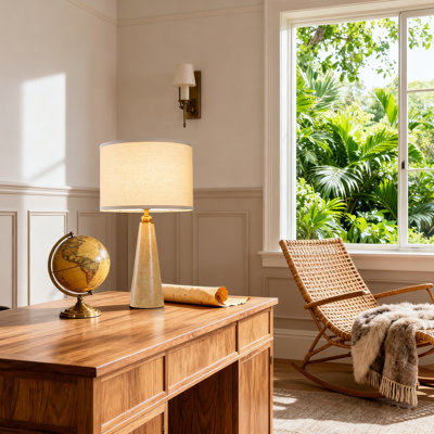 Lampe de table, lampe de table moderne en pierre naturelle et bois avec abat-jour en tissu
