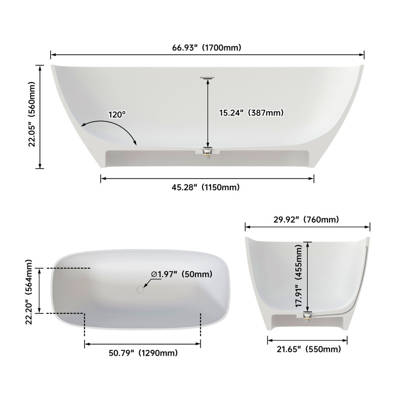 67" Premium Solid Surface Deep Soaking Bathtub