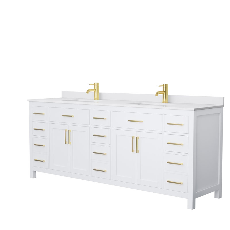 Beckett 84" Freestanding Double Bathroom Vanity with Cultured Marble Top, White Cultured Marble, White, Brushed Gold