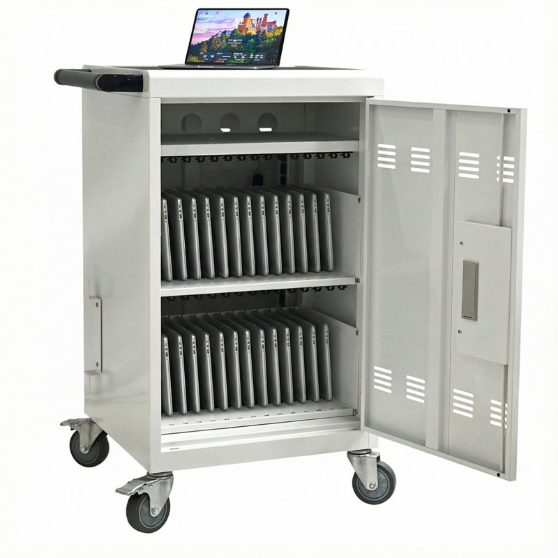 Chariot de charge mobile et armoire pour tablettes PC portable 30 appareils avec serrure à combinaison (blanc)