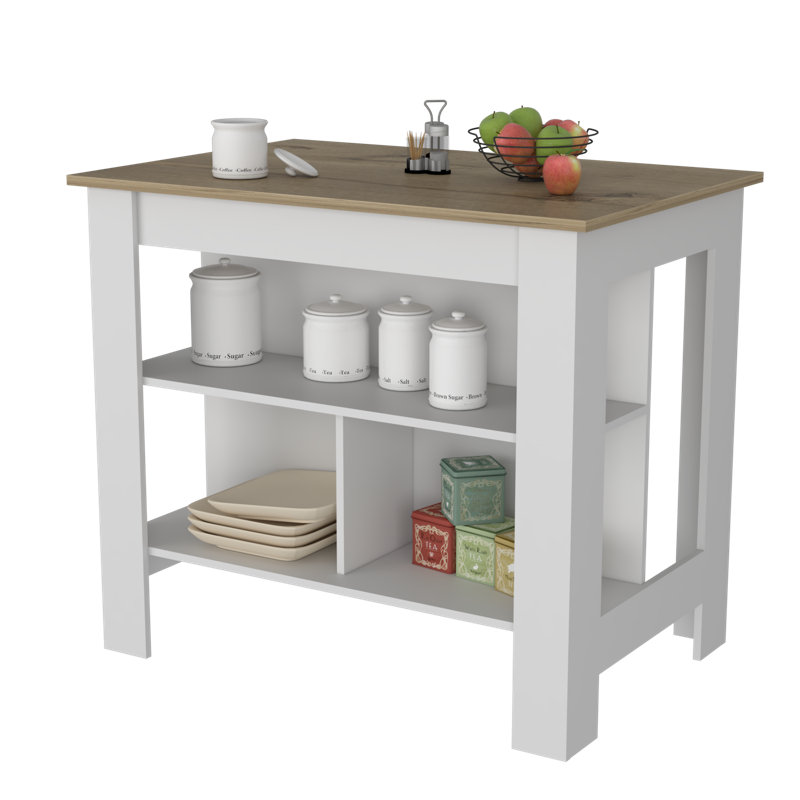 Courson Kitchen Island 2-Tier Shelf 40" Width And Large Work, White, Light Oak
