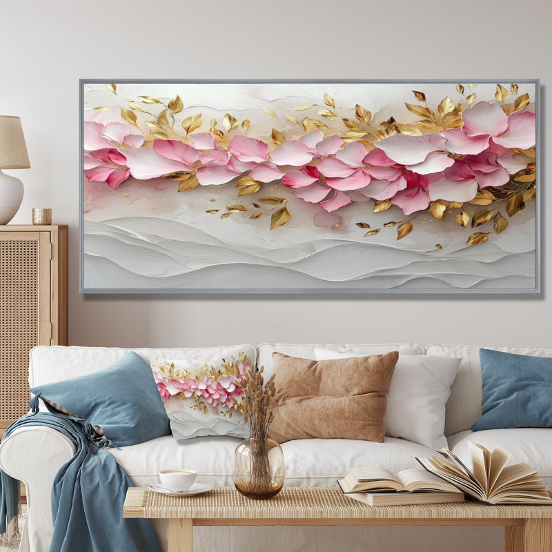 Or rose, veines élégantes de pétales de fleurs I - fleurs abstraites, art mural, H 30 po x l 40 po, Toile tendue