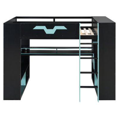Full Size Wood Loft Bed with Power Outlet & USB/Type-C Ports, Integrated Cable Management, and RGB Light, Blue
