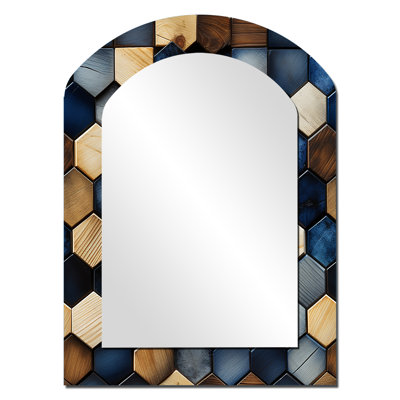 Beige et bleu Hexagones Symmetry - Miroir mural arqué bleu moderne