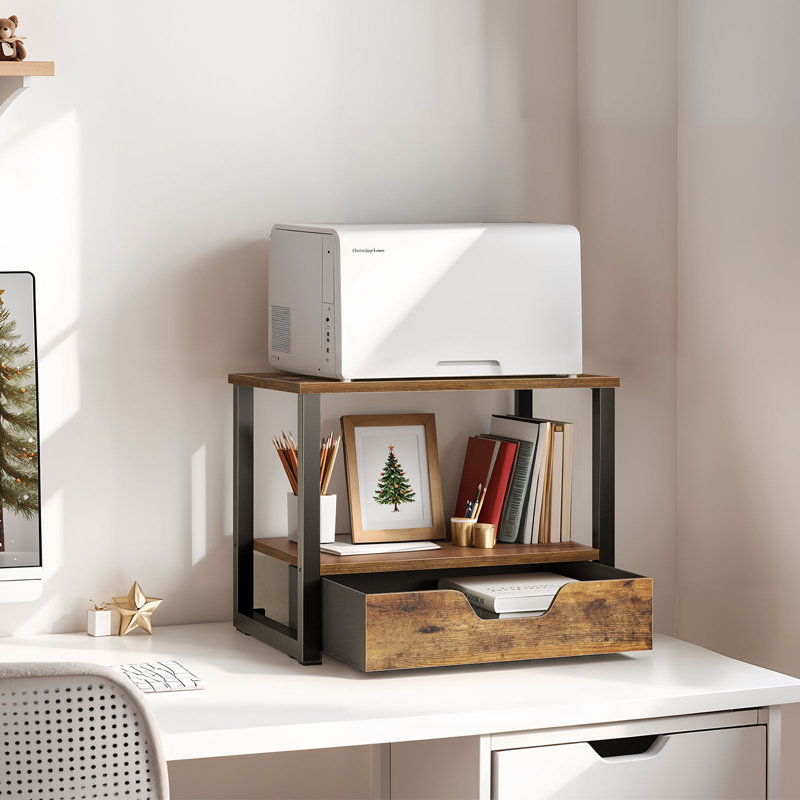 Table d'imprimante de bureau à 2 niveaux avec tiroir, Brun